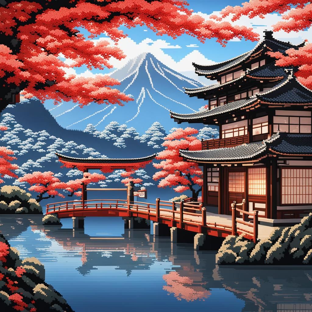 Geisha, 3d, japanese scenery, Pixel Art, Diamond Painting effect, Little Rhine Stones effect