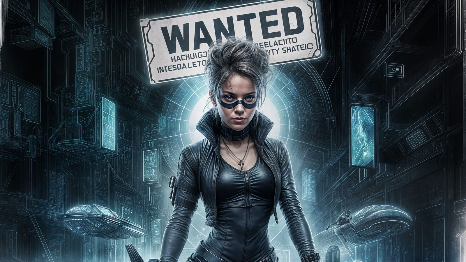 Futuristic Wanted Poster: Cyberpunk AI Hacker
