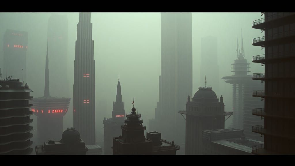 Dystopian Metropolis in Cinematic 1970s Style
