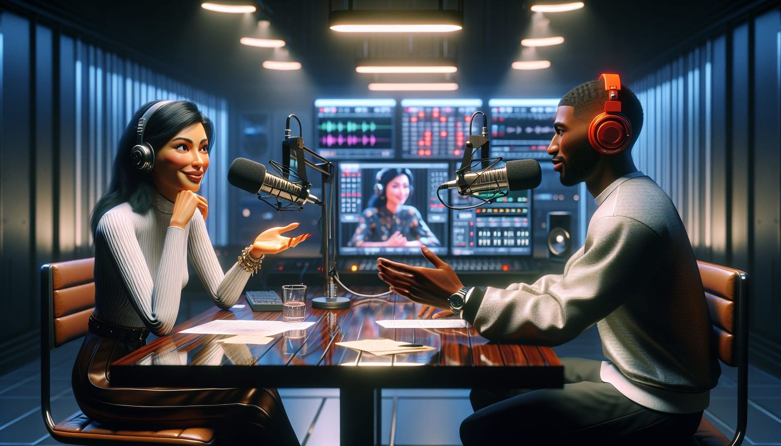 Diverse Podcasters in Modern and Futuristic Studios