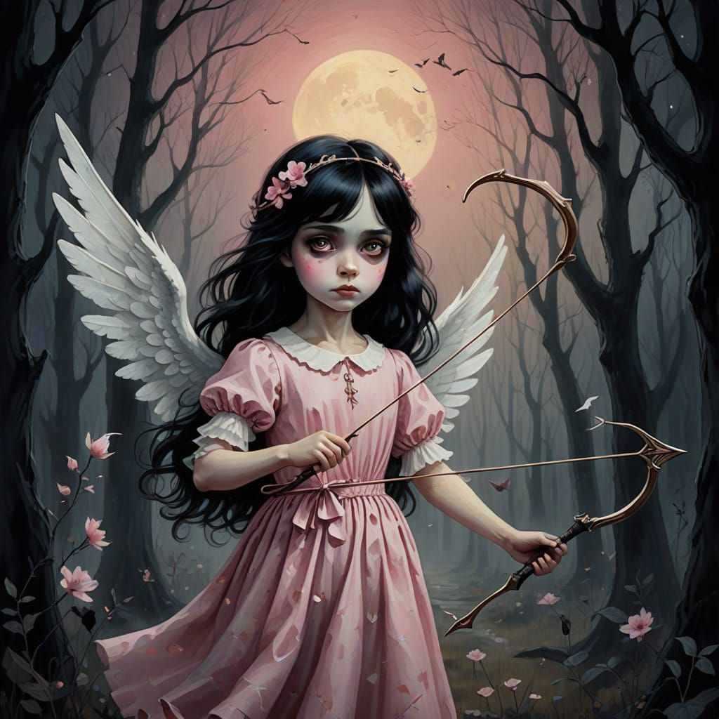 Whimsical Dark Angel Child in Vintage Dress