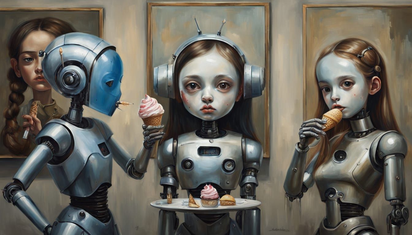 Surreal Girl and Robot, Pop Surrealism Oil Painting