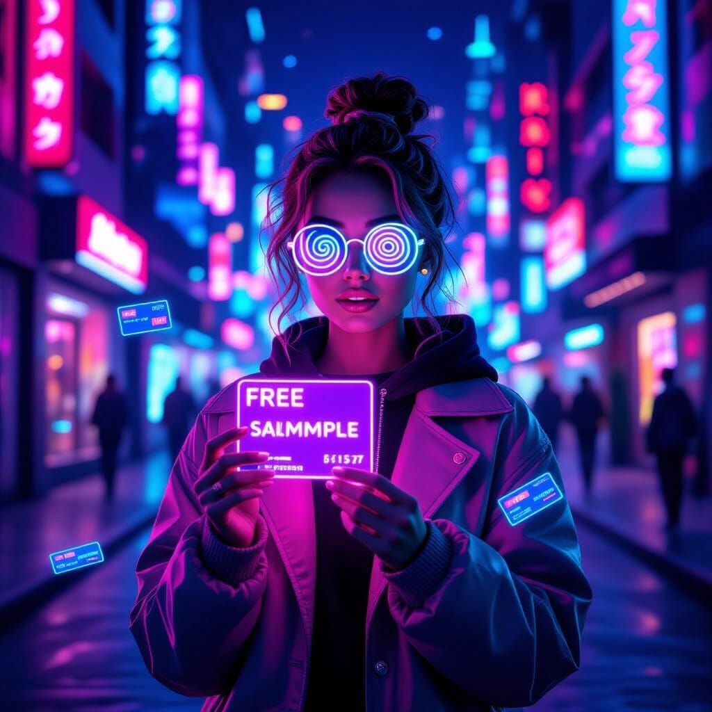 Synthwave Character Accepts Neon Sample in Cityscape