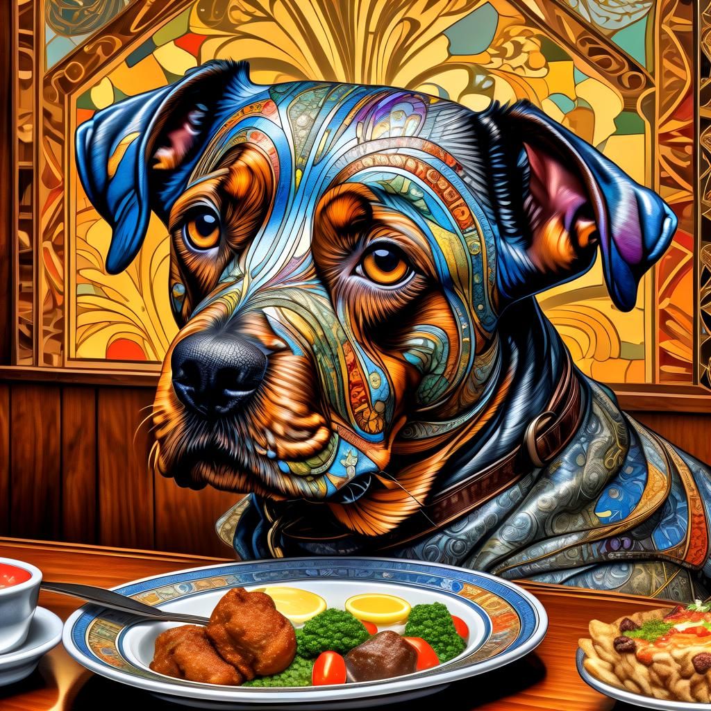 Colorful Patterned Dog Eagerly Awaiting Food