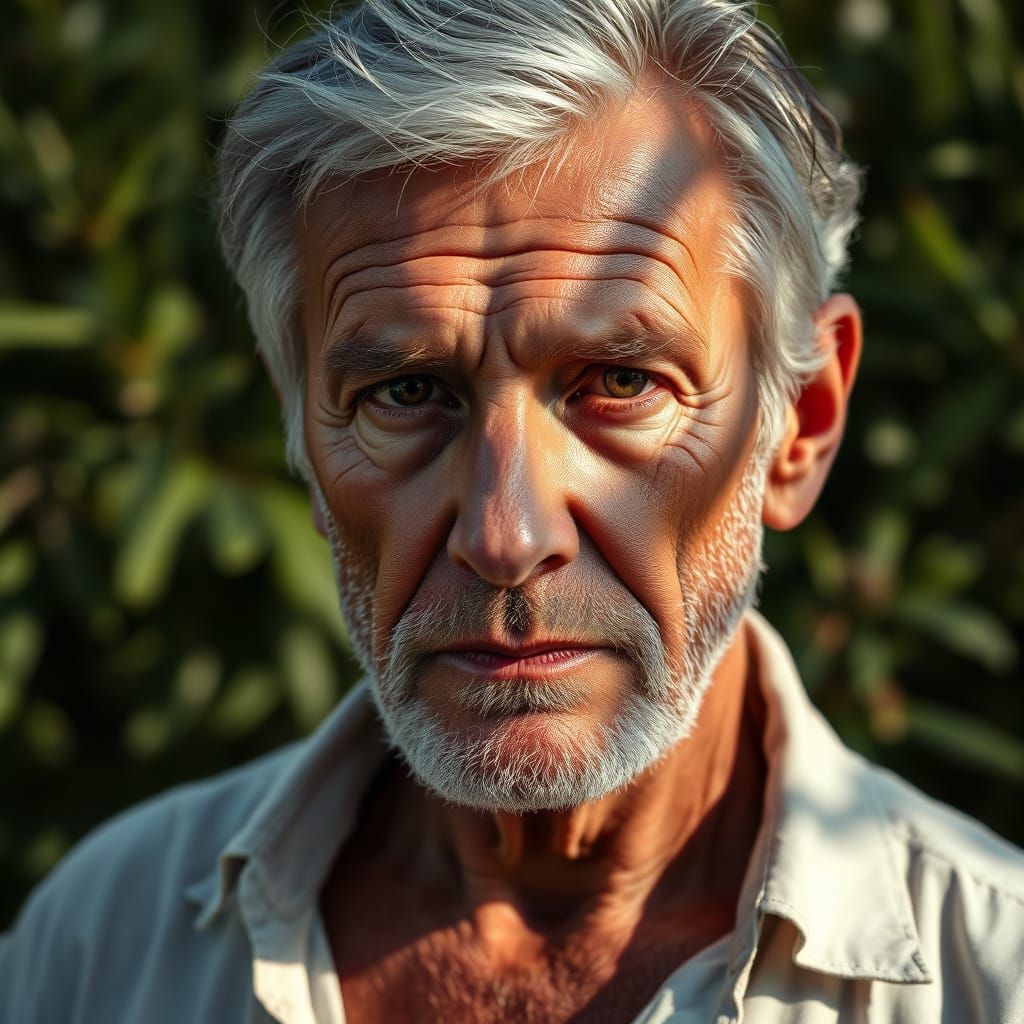 Dramatic Portrait of a Weathered Man in Soft Sunlight
