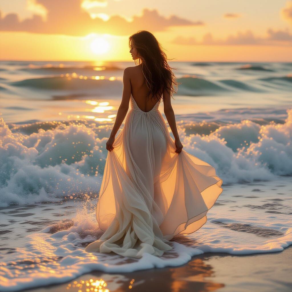 A young woman stands at the shore, dressed in a flowing, lig...