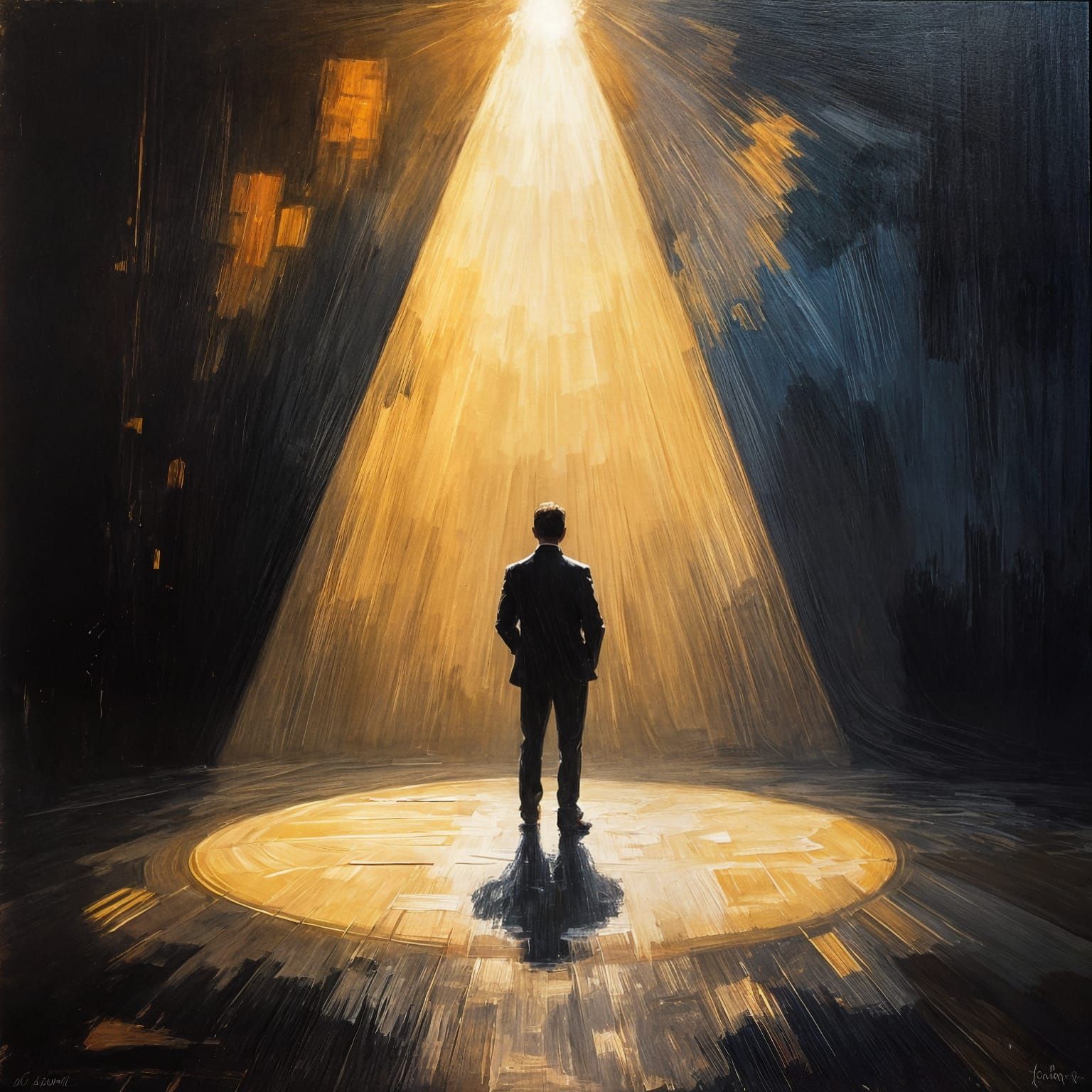 Impressionist Oil Painting of Artist in Spotlight on Stage