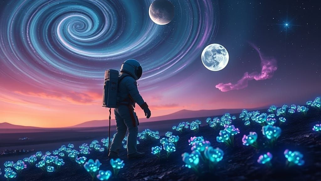 Astronaut Tends Alien Garden Under Swirling Nebula Sky