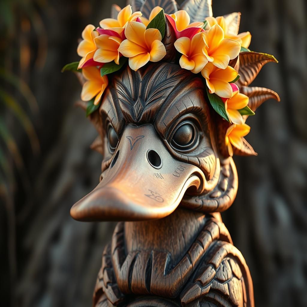 Ornate Tiki Duck God in Primitivist Style