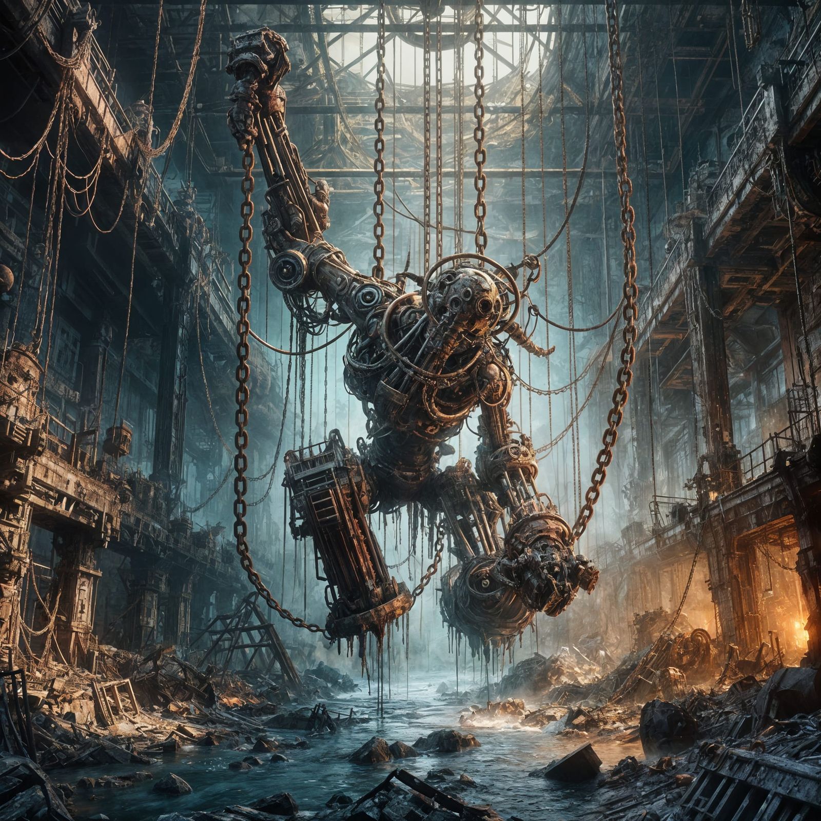 Eerie Abandoned Factory Scene with Sinister Robot