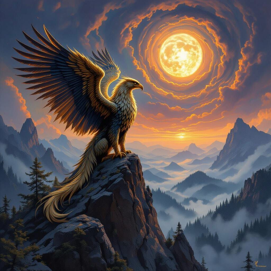 Golden Griffin on Mountain Peak in Frazetta Style