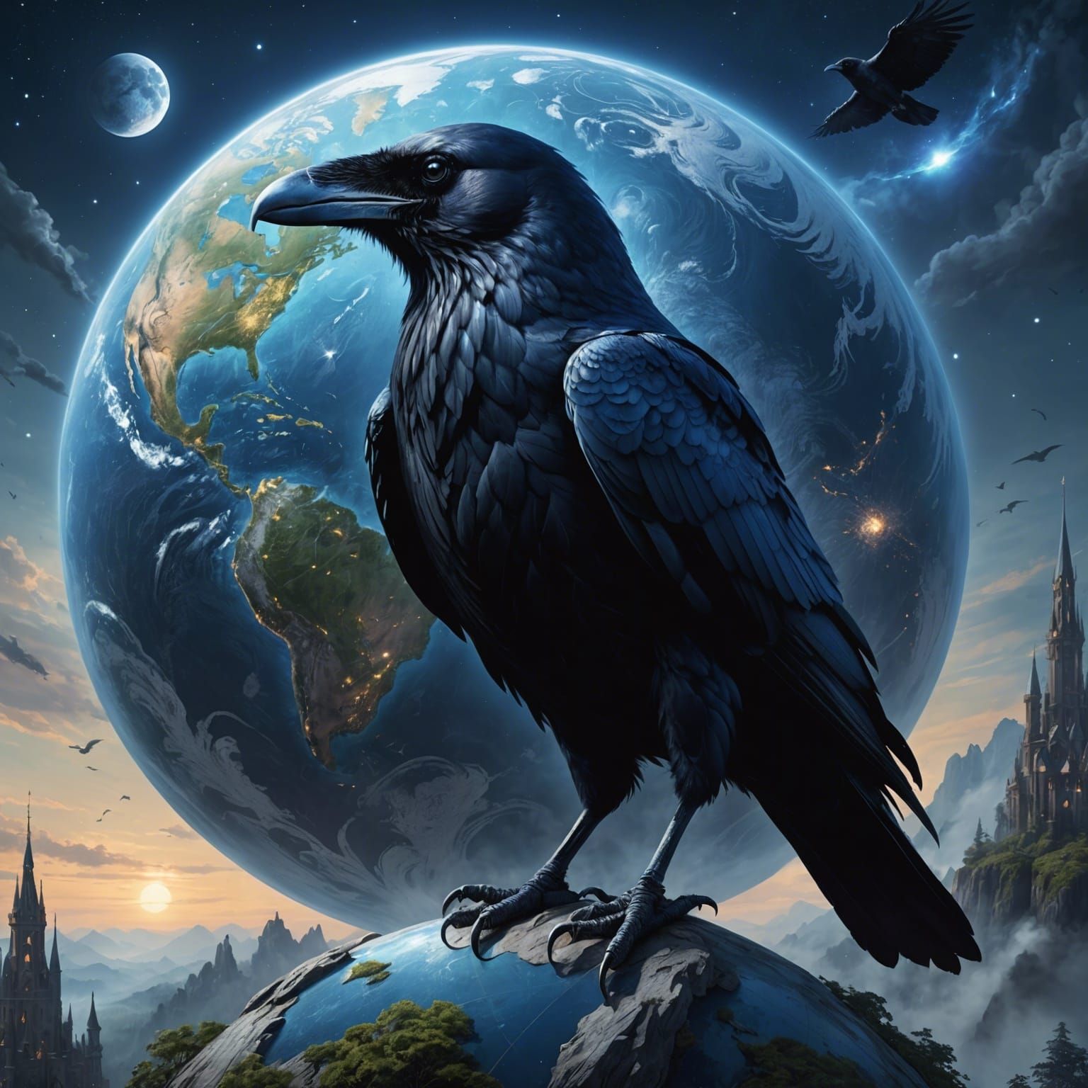 Giant Raven King Perched on Earth Globe