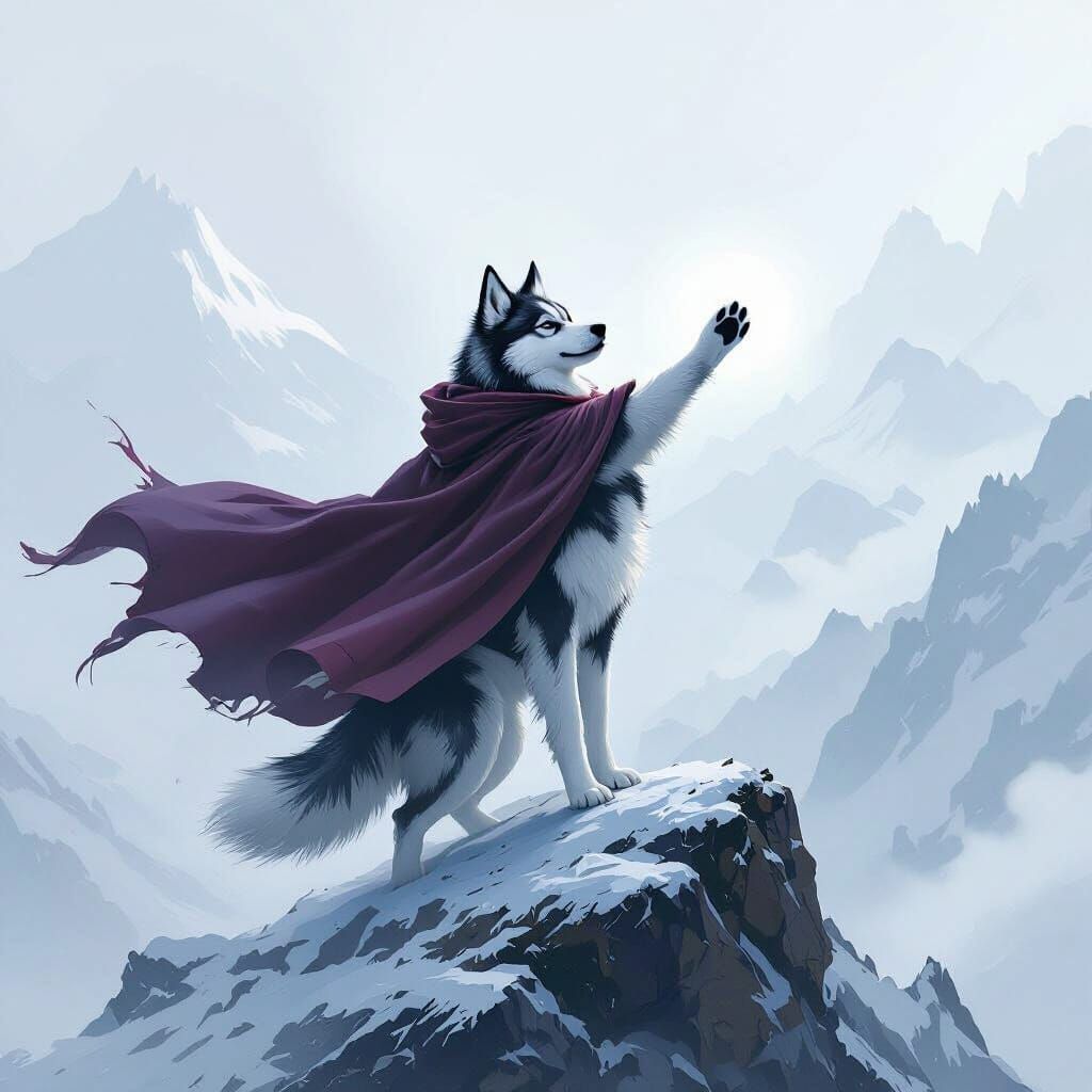Majestic Husky Commands the Wind in Atmospheric Landscape