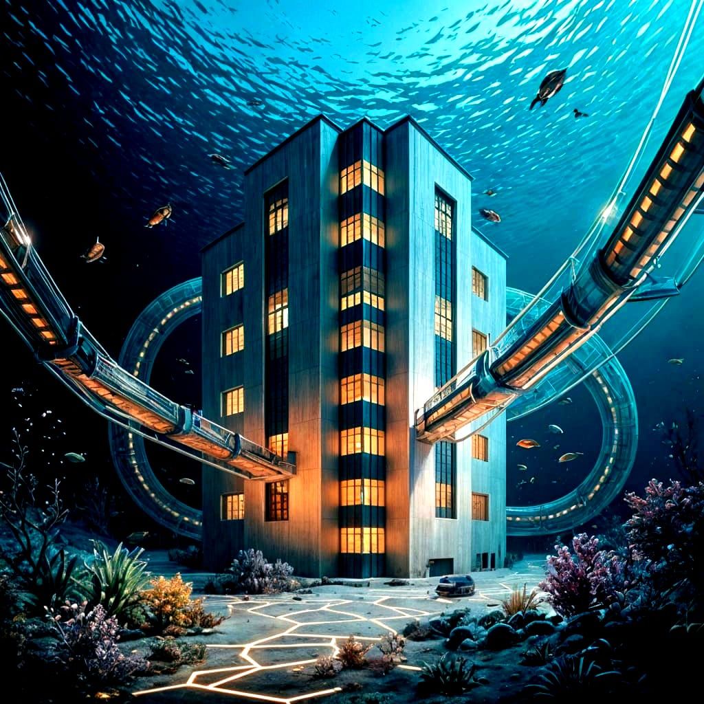 Underwater Bauhaus Megastructure with Trains