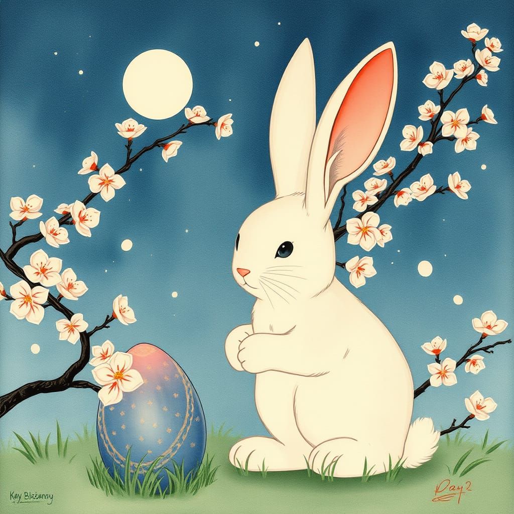 Dreamlike Easter Bunny Amidst Cherry Blossoms in Intricate K...
