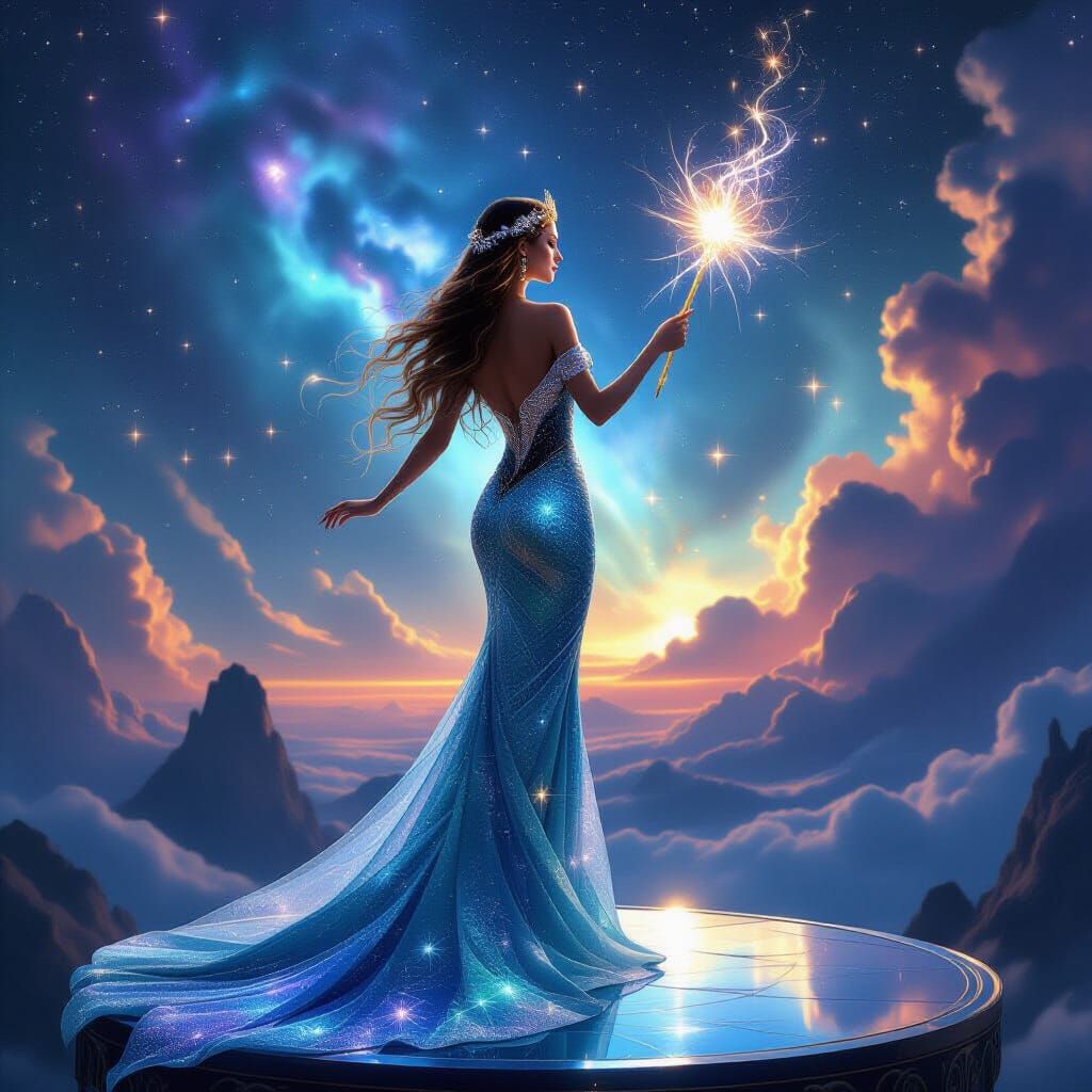 Celestial Being in Starlight Gown with Ethereal Wand