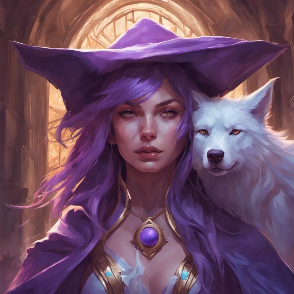 Wizard with Purple Ghost Wolf, Detailed Portrait