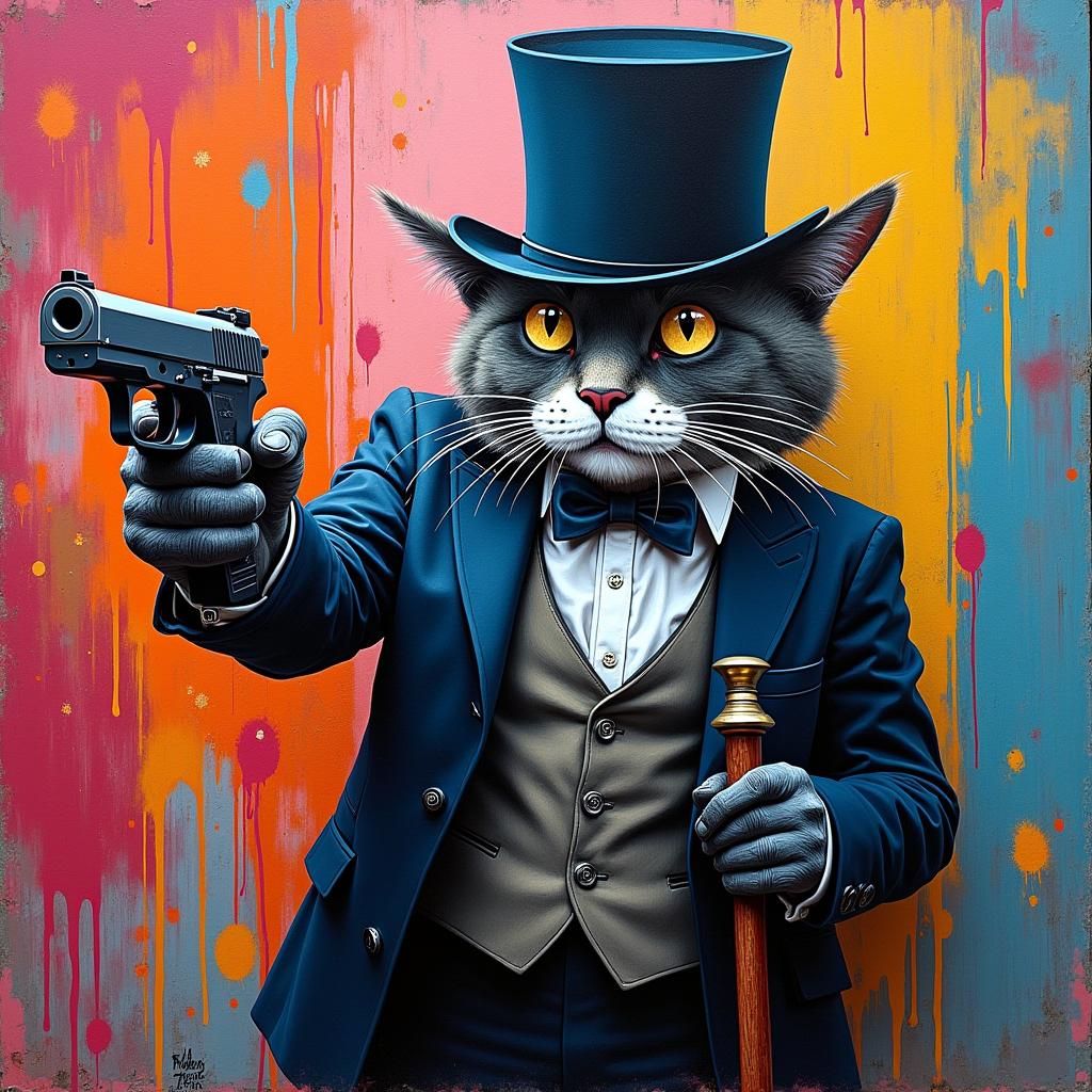 Dapper Cat Held at Gunpoint in Graffiti Art