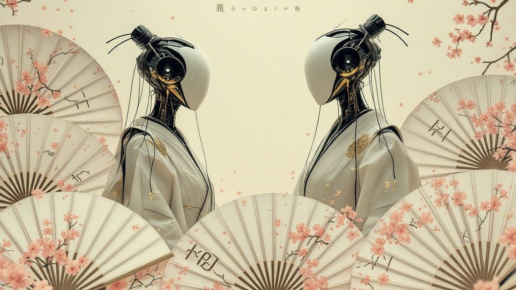 Androids in Noh Costumes with Japanese Fans