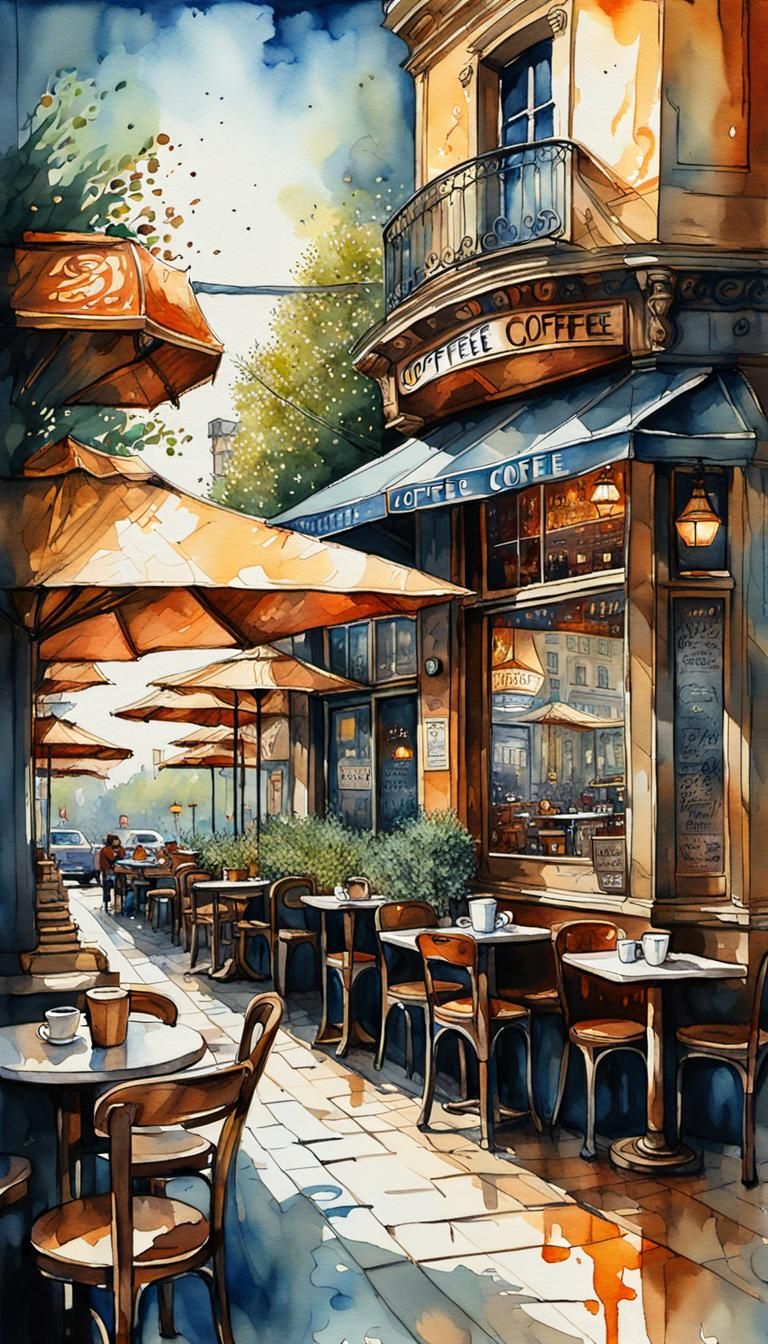 Watercolor Coffee at Cafe in Gouache Style