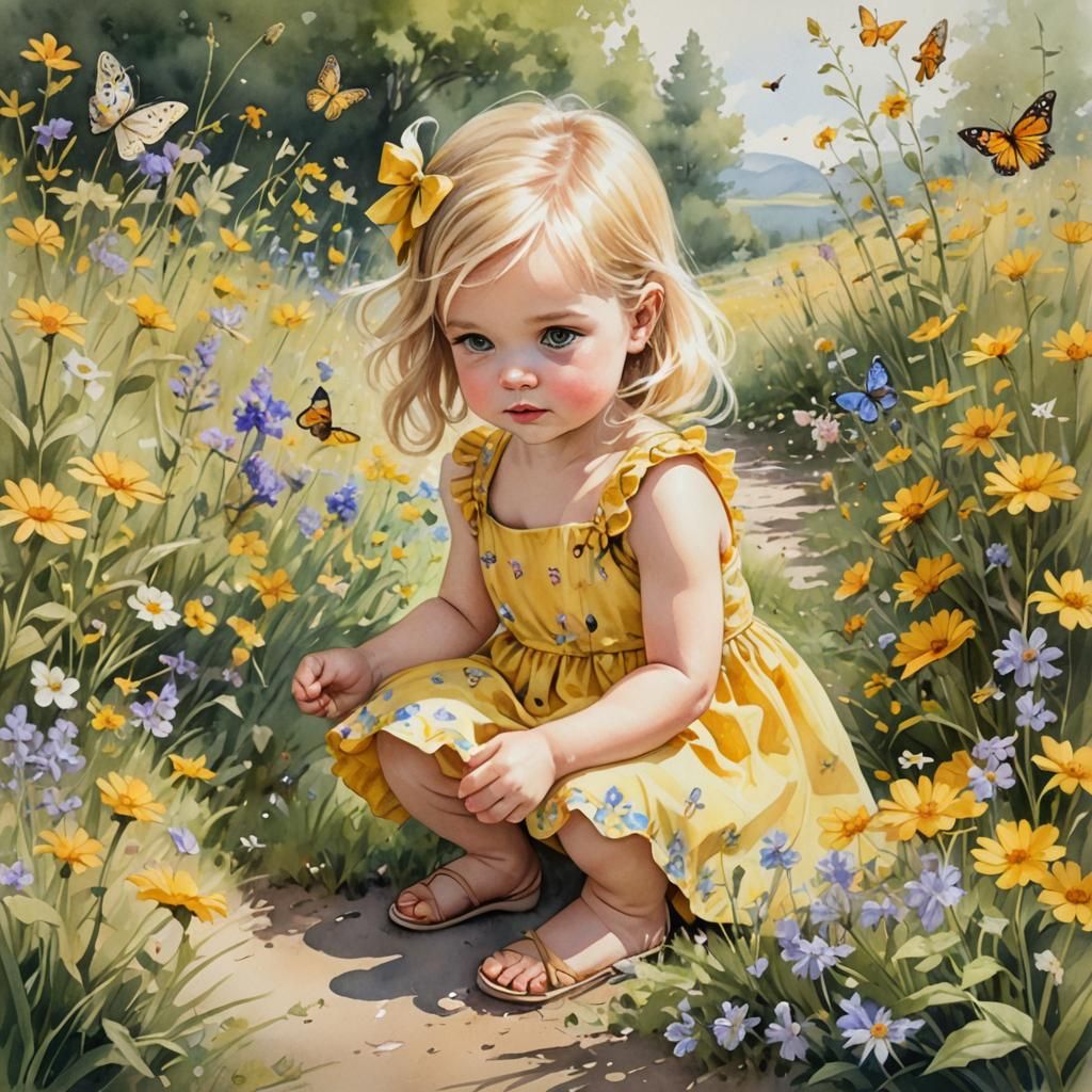Baby Girl with Wildflowers in Watercolor Style