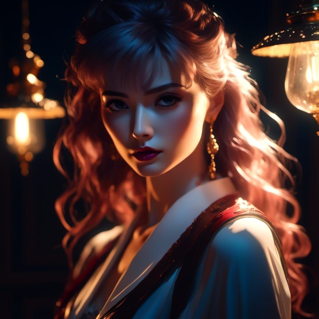 Anime-Inspired Scene at Night, Illuminated by a Lamp