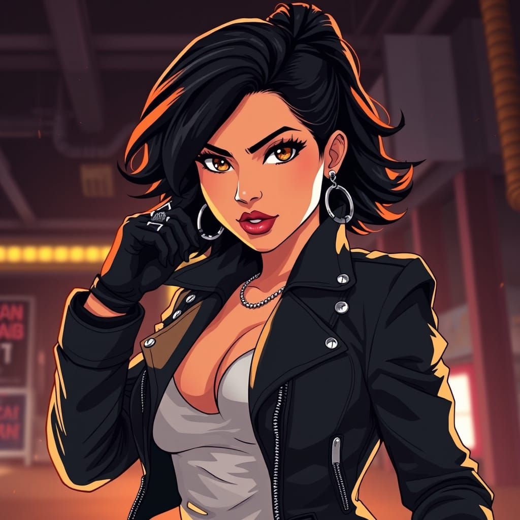 Confident Latina in Leather Jacket, Anime Style