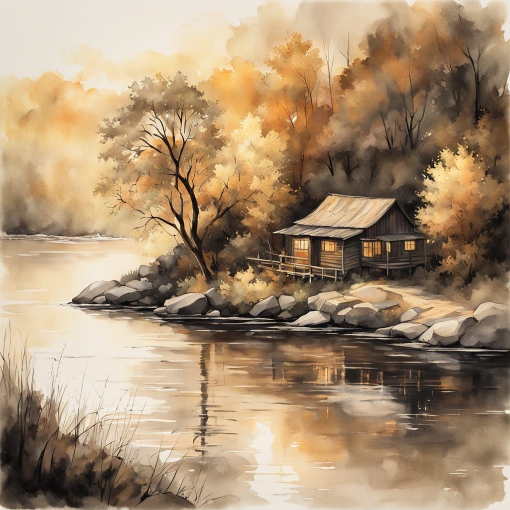 Ink Painting Of Willow Tree On Cliff At Golden Hour