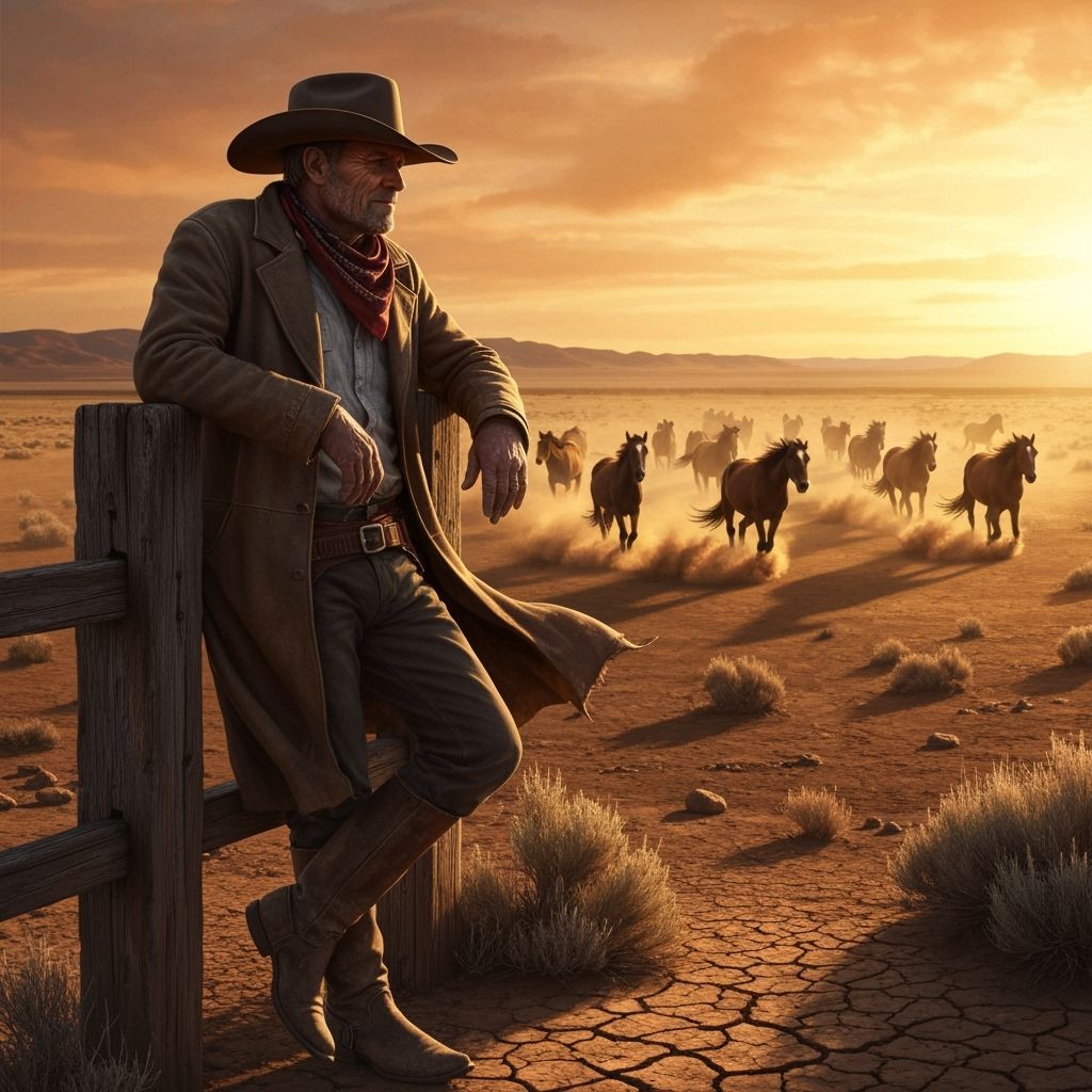 Cowboy Watches Wild Mustangs at Sunset