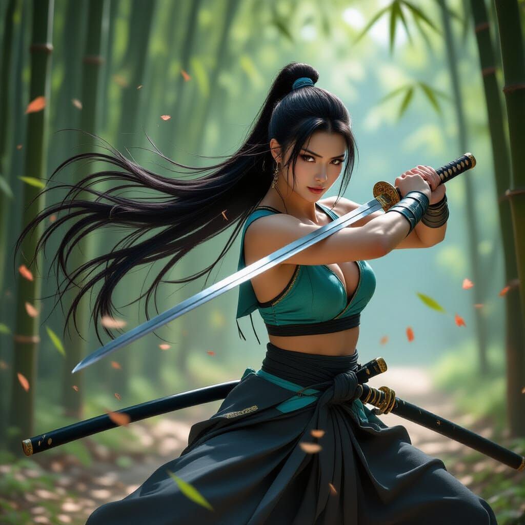 Samurai Warrior Slaying Bamboo with Katana