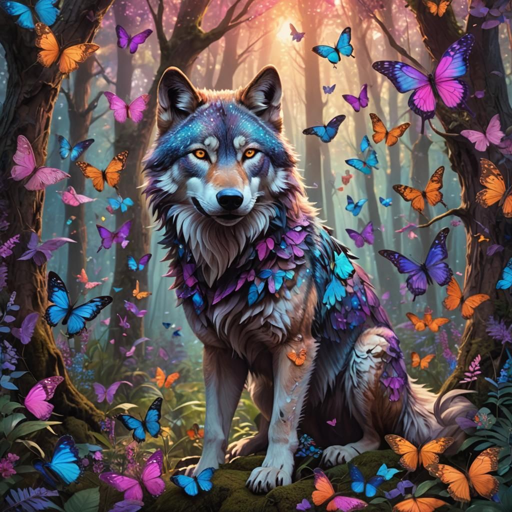 Wolf Surrounded by Butterflies in Dreamlike Forest