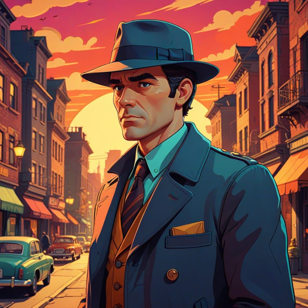 Vintage Detective in Groovy 70's Cityscape