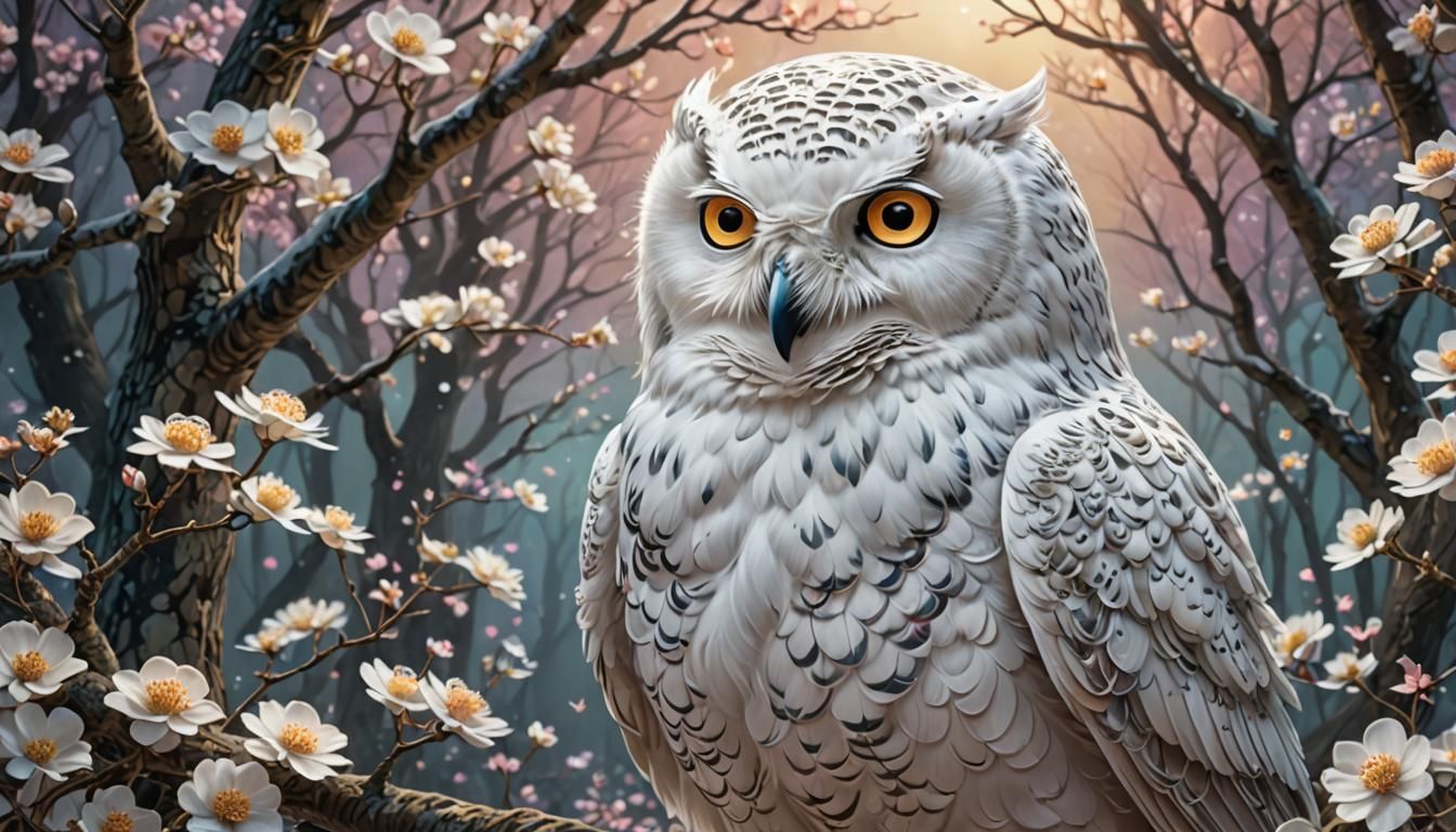 Snowy Owl in Romantic Style with Blossoms