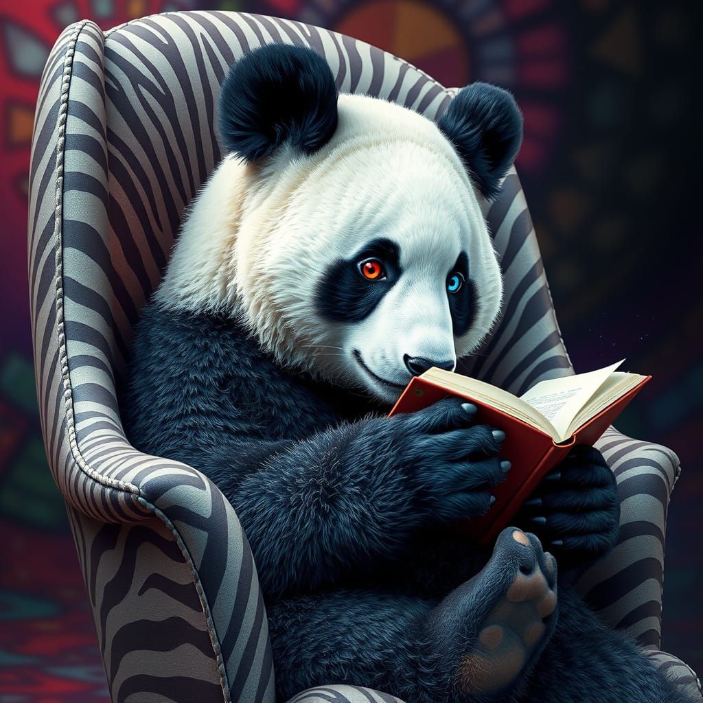 Surreal Panda Bear with Zebra Chair and Book in Mid Shot