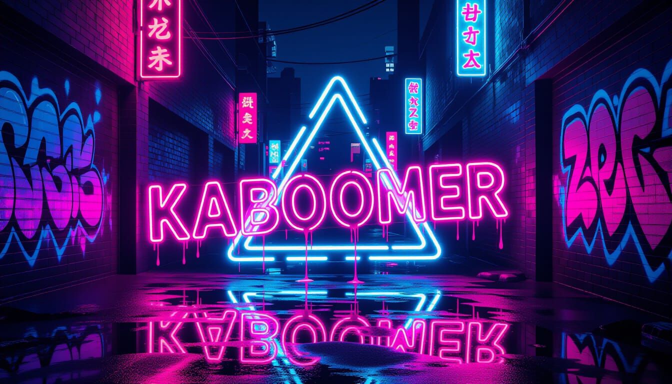 Neon "KABOOMER" in a Synthwave Pop Art Alleyway