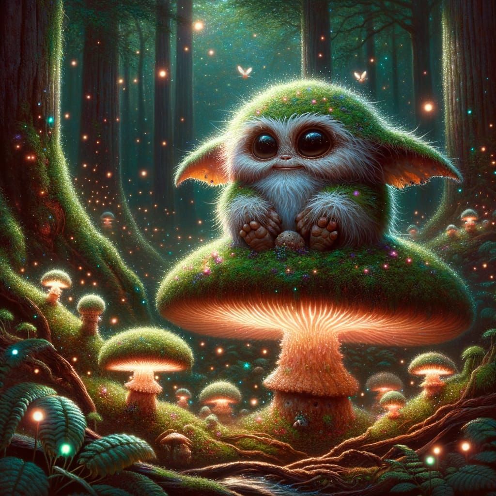 Moss Gremlin on Glowing Mushroom in Bioluminescent Forest
