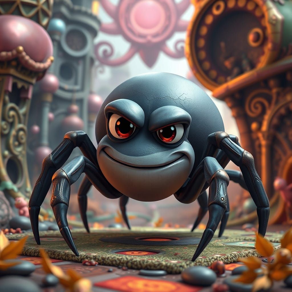 Whimsical Spider in Vibrant Fantasy Landscape