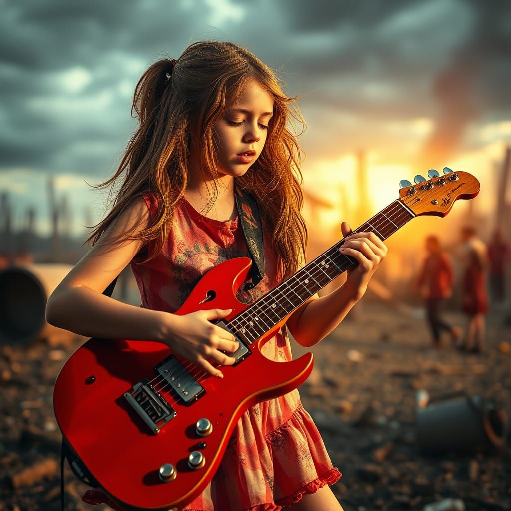 Girl Plays Guitar in Ruins of Post-Apocalyptic Landscape