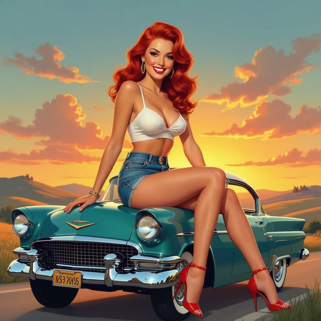 Redhead Pin-Up Girl on Classic Car in Vintage Style