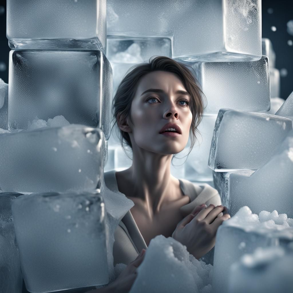 Woman Trapped in Ice Cube: Emotional Cinematic Scene