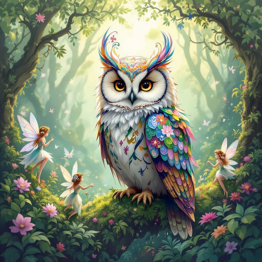 Whimsical Owl in Fairy Forest, Ethereal Art