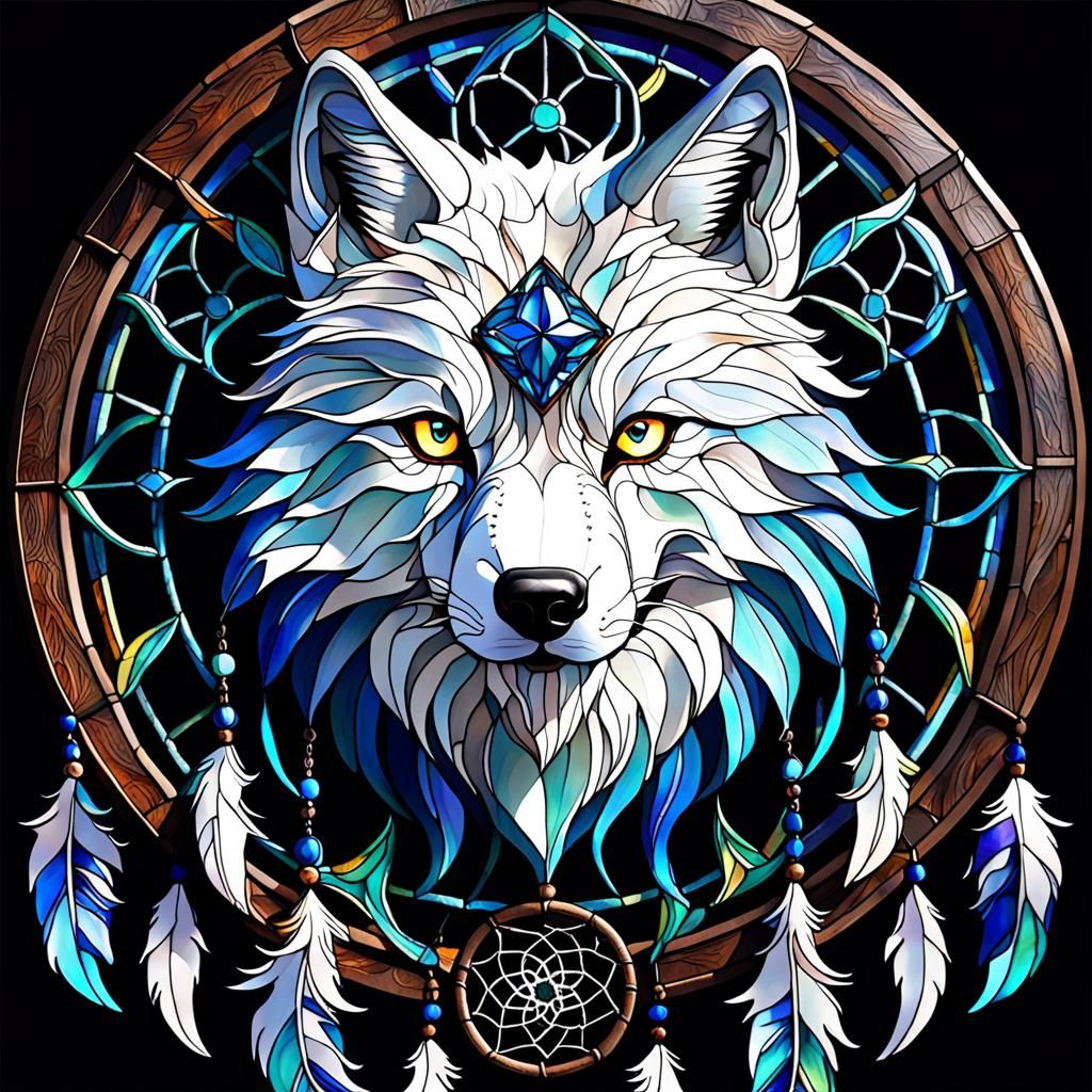 Stained Glass Wolf Dreamcatcher: Intricate Digital Art