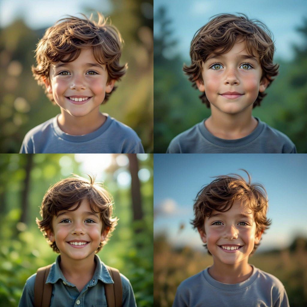 Joyful Boy Portrait in Nature, Soft Blue Sky Lighting