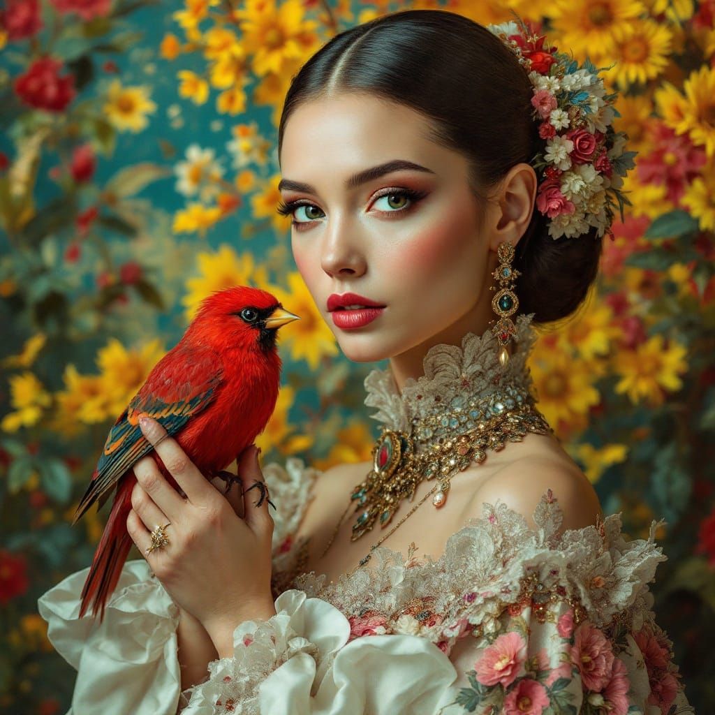 Elegant Lady with a Red Bird in a Vibrant Portrait
