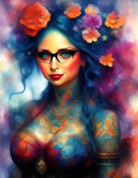 Tattooed Woman Portrait in Alcohol Ink Style