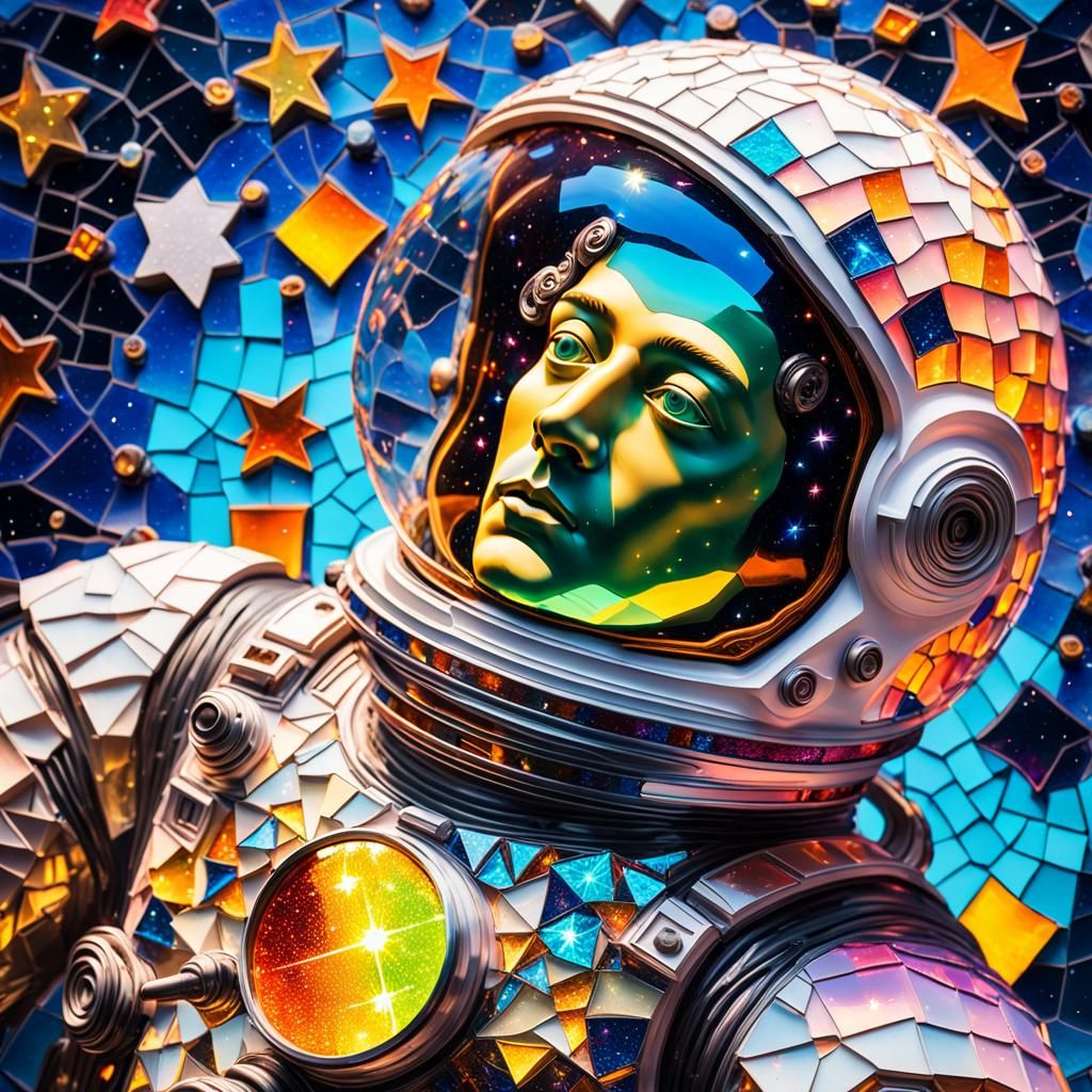 Glass Mosaic Spaceman in Surreal Sci-Fi Art
