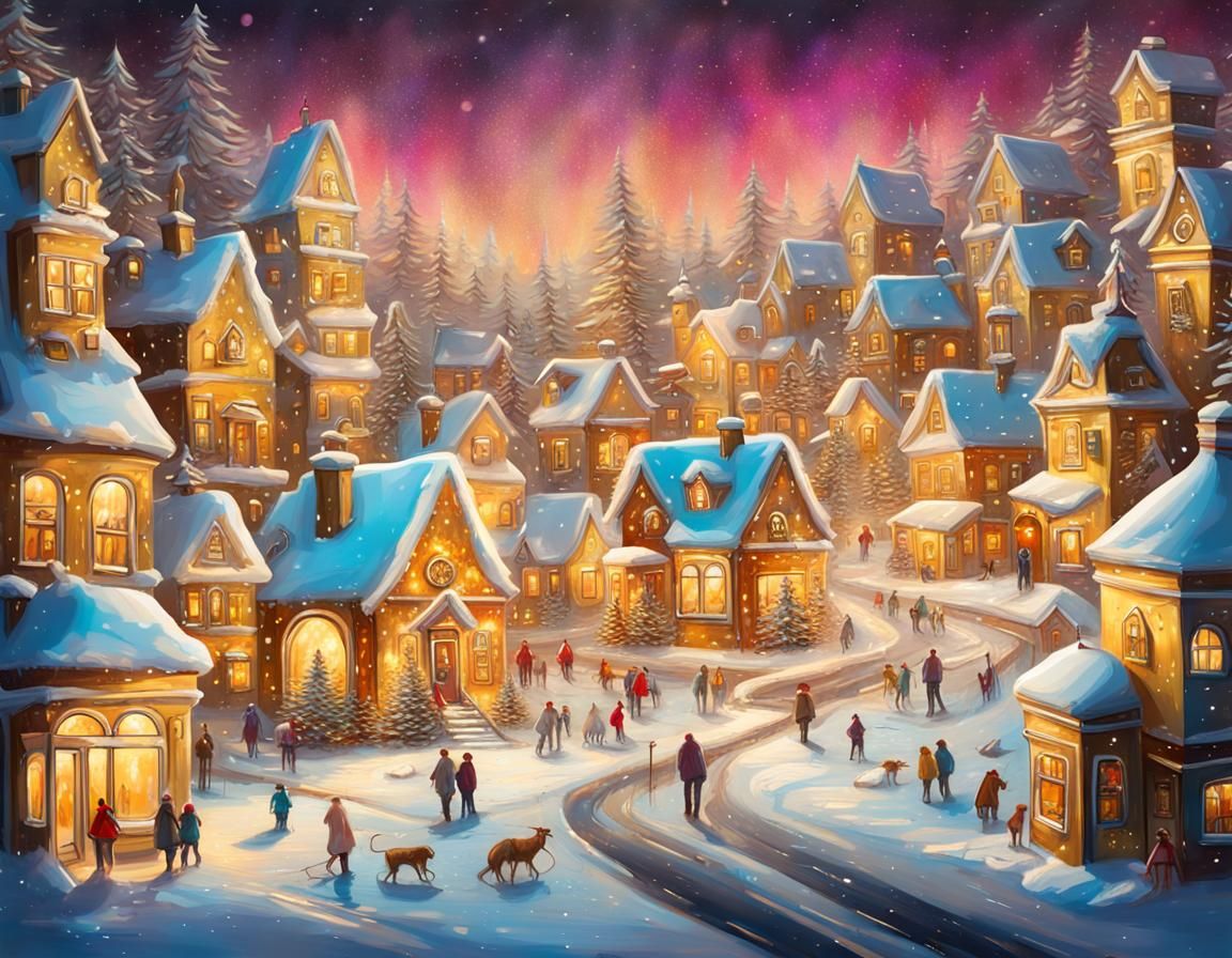 Golden Christmas Village in Bell Jar: Graffiti Art