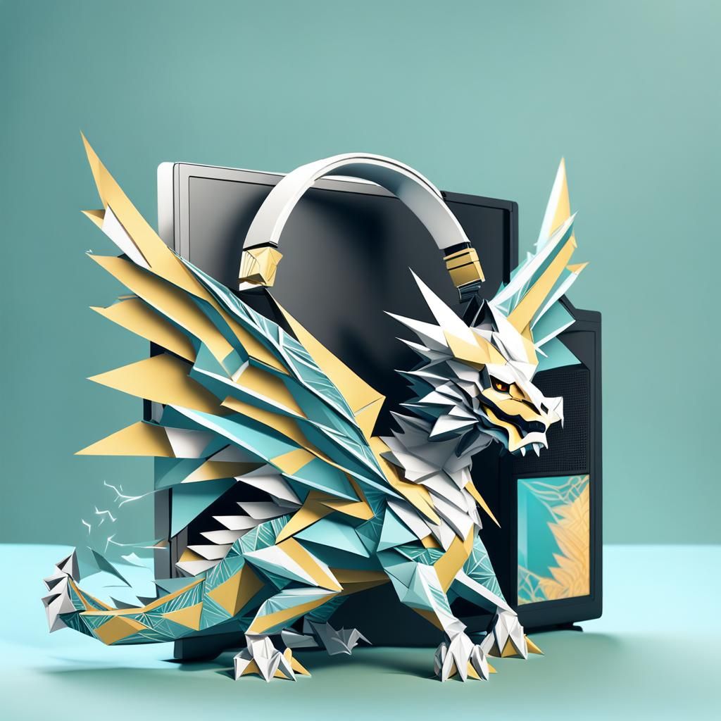 Tribal Dragon with Headphones Inspects Computer, Origami Sty...