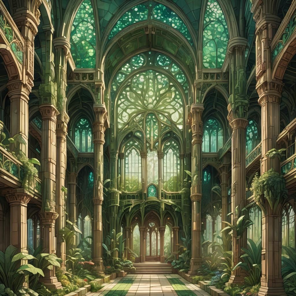 Fantasy Temple Nave with Lush Garden and Sacred Architecture