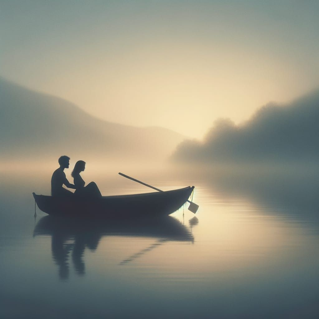 Couple Embraces on Rowboat at Dawn Lake in Tonalist Style